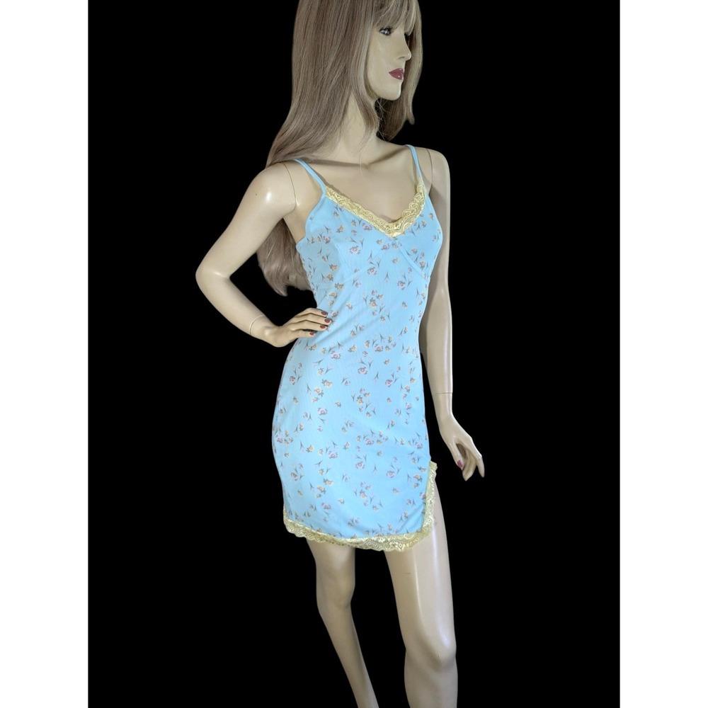 Pale Blue Floral Mini Slip Dress, Rose Print Mesh Overlay, Medium - Picture 5 of 8